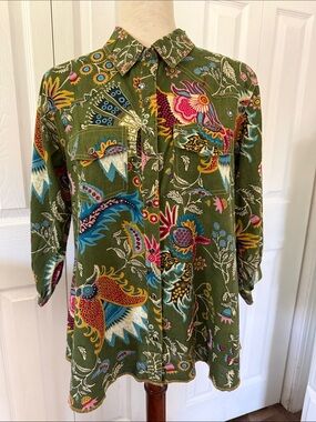 Ivy Jane Womens Olive Green Floral Bird Print Button Up Shirt 3/4 Sleeve Sz S